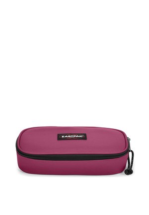 Rectangular pencil case in deep magenta fabric with a textured finish, zip closure, and black logo patch on the front. Durable and lightweight.
