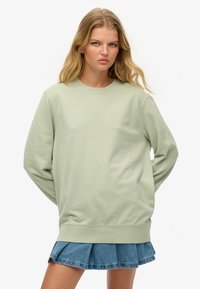 Sudadera verde claro con mangas largas, cuello y puños acanalados. Presenta una marca sutil en el pecho. Combinada con una falda plisada de mezclilla.