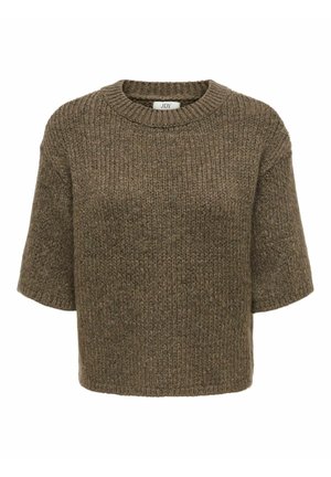 Kortermet strikkegenser i brun, med ribbestruktur og rund halslinning. Stoffet ser tykt og koselig ut, med en løs passform.