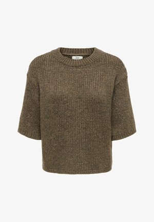 Kortermet strikkegenser i brun, med ribbestruktur og rund halslinning. Stoffet ser tykt og koselig ut, med en løs passform.