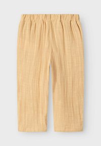 Pantaloni giallo chiaro con tessuto testurizzato, vita elastica e lunghezza cropped. Il design presenta sottili motivi intrecciati.