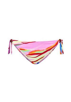 Kleurvolle bikini onderkant met een roze basis en abstracte rode, groene en blauwe patronen. Ties aan de zijkanten met stof lussen.