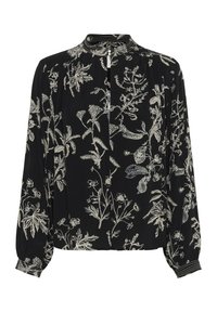 Schwarze Bluse mit aufwändiger weißer Blumenstickerei, langen Ärmeln, hohem Ausschnitt und gefalteten Details an den Schultern und Bündchen.