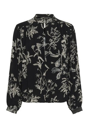 Black blouse with intricate white floral embroidery, long sleeves, a high neckline, and pleated details at the shoulders and cuffs.