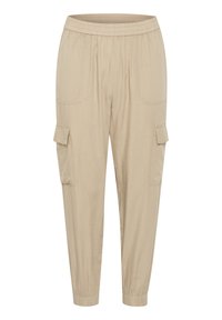 Beige cargo kalhoty vyrobené z lehkého materiálu, s bočními kapsami a elastickými manžetami pro pohodlný střih. Hladká textura s jemným leskem.