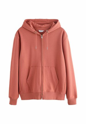 Rustfarvet hættejakke med lynlås, forlommer og snore på hætten, vist på en hvid baggrund.