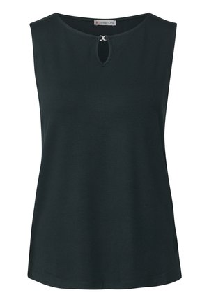 Donkergroene mouwloze top met een ronde halslijn en een sleutelgatdetail aan de voorkant. Zachte, gladde stof met een losjes vallende pasvorm.