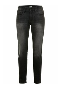 Schmal geschnittene schwarze Denim-Jeans mit einem verblassten Finish, fünf Taschen, Gürtelschlaufen und vorderem Knopfverschluss. Glatte Textur und klassisches Design.