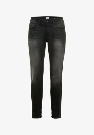 Slim fit sorte denim jeans med en falmet finish, fem lommer, bæltestropper og frontlukning med knap. Glat tekstur og klassisk design.