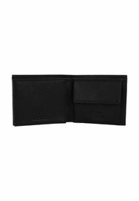 Black leather wallet with a textured finish, featuring multiple card slots, a coin pocket, and stitched edges for durability.