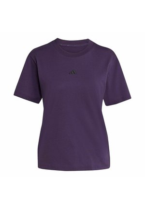 Lila Baumwoll-T-Shirt mit Rundhalsausschnitt und kurzen Ärmeln. Besitzt ein kleines schwarzes Logo auf der Brust. Lässige Passform mit glatter Textur.