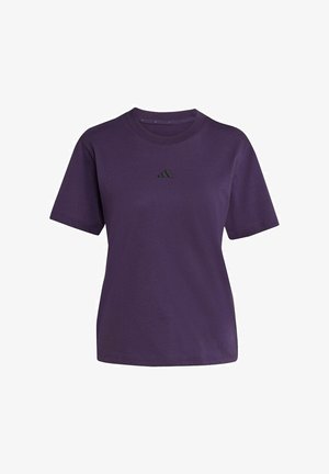 Paarse katoenen T-shirt met een ronde hals en korte mouwen. Bevat een klein zwart logo op de borst. Casual pasvorm met een gladde textuur.