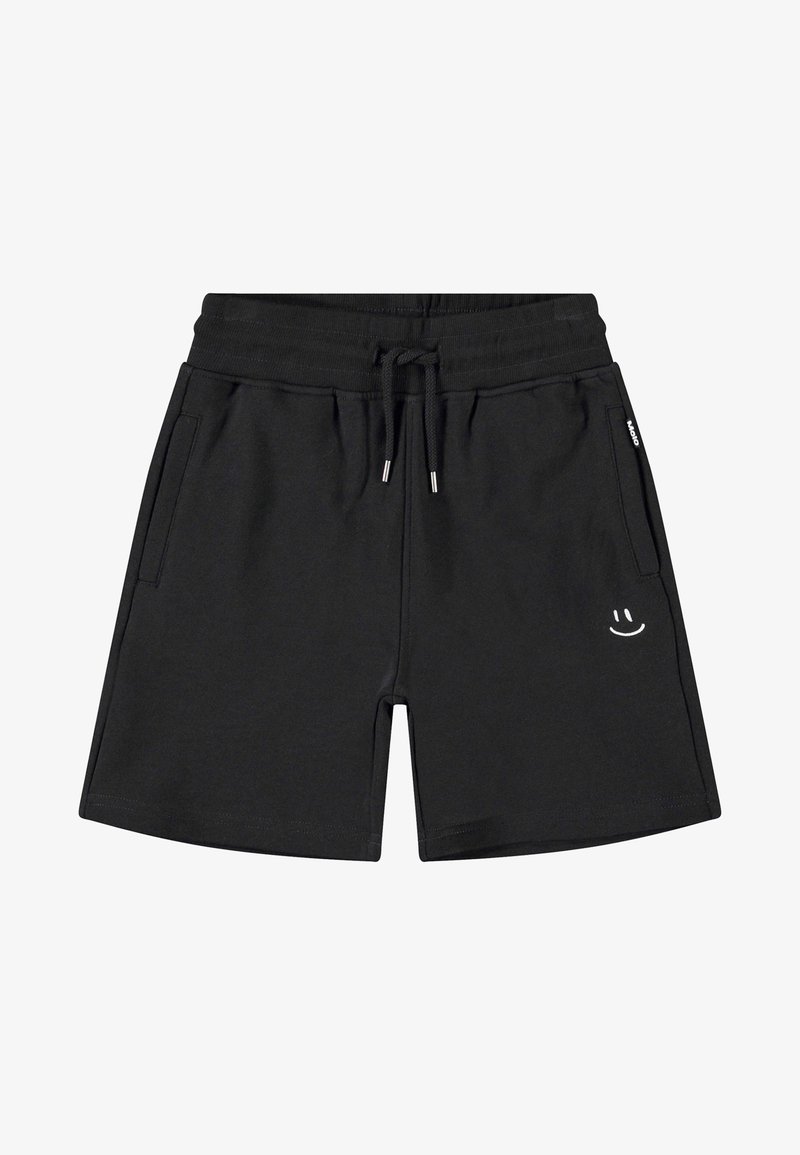 Juoda medvilnė šortai su elastinga juosta ir raišteliu. Yra dvi šoninės kišenės ir balta šypsenėlė logotipas dešinėje pusėje.