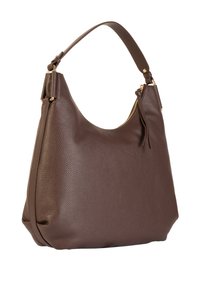 Borsa hobo in pelle marrone con finitura testurizzata. Caratterizzata da una sola tracolla e un dettaglio con tasca zip e un'accenno di nappina.