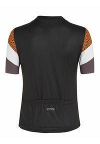 Maglia da ciclismo nera a maniche corte con tessuto texturizzato, caratterizzata da accenti nei colori marrone e bianco a blocchi e un logo sul retro.