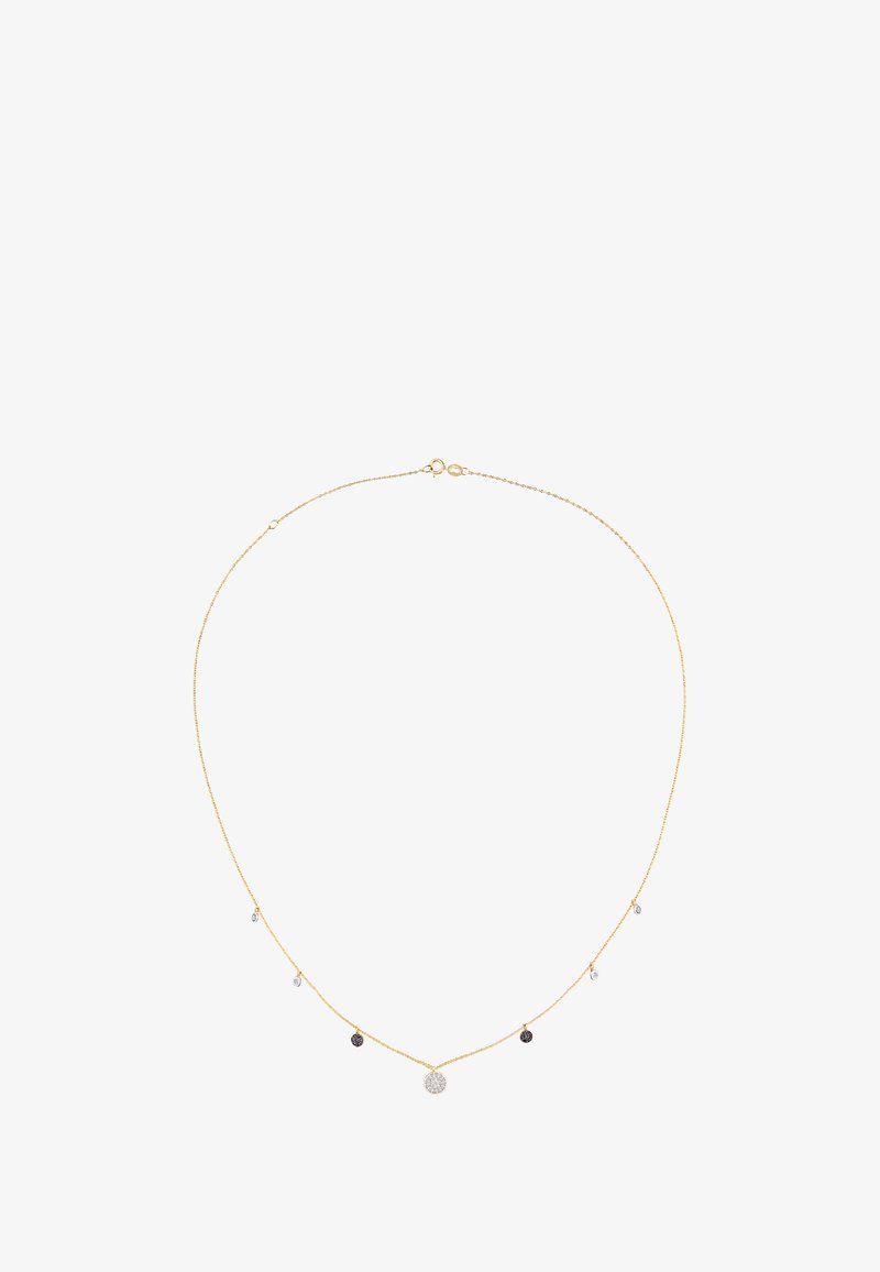 Kuldne kaelakee keskset ringikujulist ripatsit kaunistavad neli ripuvat gemstone'i mustas, valges ja läbipaistvas värvitoonis.