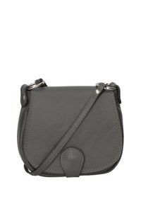 Borsa a tracolla in pelle grigia con un design a pattina, cuciture a contrasto e fondo arrotondato. Presenta una tracolla removibile e dettagli in metallo.