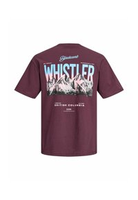 T-shirt bordeaux à manches courtes avec un graphique de montagnes et le texte « Whistler » et « Blackcomb », avec une texture douce en coton.