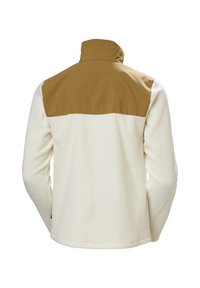Fleece jacket met een crèmekleurig lijf en een bruine bovenrugpaneel. Kenmerkt zich door een hoge kraag en lange mouwen, met een zachte textuur.
