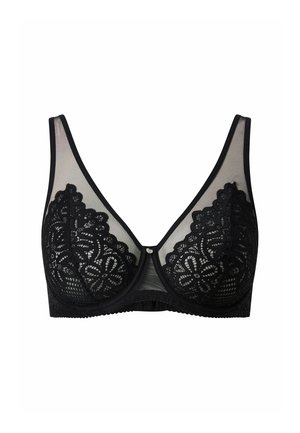 Schwarzer Spitzen-BH mit floralen Mustern und Netzstoff, ausgestattet mit Bügelunterstützung und verstellbaren Schulterträgern.
