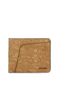 Cork wallet with a textured, natural finish, featuring a geometric flap design. Black trim and subtle branding on lower right corner.