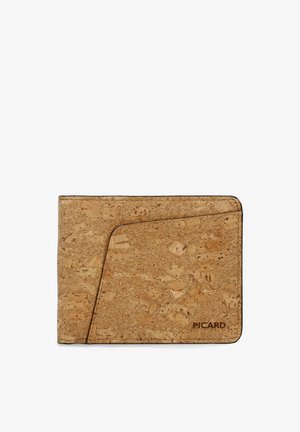 Cork wallet with a textured, natural finish, featuring a geometric flap design. Black trim and subtle branding on lower right corner.