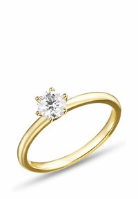 Goldring mit einem glatten Band und einer sechsfachen Fassung, die einen runden klaren Diamanten in der Mitte zeigt. Polierte Oberfläche.