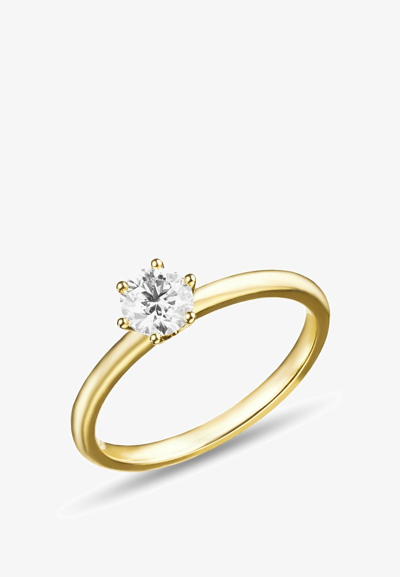 Goldring mit einem glatten Band und einer sechsfachen Fassung, die einen runden klaren Diamanten in der Mitte zeigt. Polierte Oberfläche.