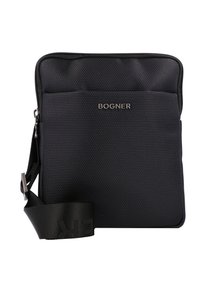 Borsa a tracolla nera con texture, dotata di una tasca con zip frontale, caratterizzata da un logo e una tracolla resistente. Realizzata in materiale durevole per un uso pratico.