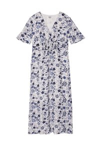 Blühendes Maxikleid in Weiß mit blauen Mustern, ausgestattet mit einem tiefen V-Ausschnitt, kurzen schwingenden Ärmeln und einer gerafften Taille für eine figurbetonte Silhouette.