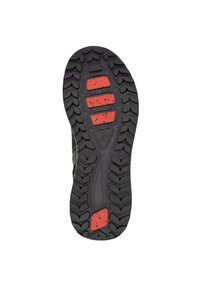 Semelle de chaussure en caoutchouc noir avec un motif de crampons ; présente des accents rouges et une section grise. Surface texturée pour une meilleure adhérence et stabilité.