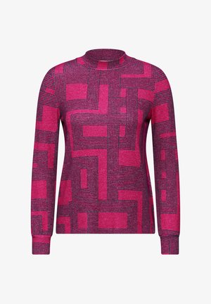 Pull rose à manches longues avec un motif géométrique de lignes sombres, un col montant et un tissu texturé avec une silhouette ajustée.