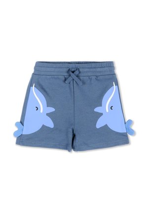 Pantaloncini blu per bambini con vita a coulisse, caratterizzati da design specchiati di balene azzurre chiare e pinne della coda 3D su ogni lato.