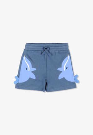 Shorts bleus pour enfants avec taille à cordon, présentant des motifs de baleines bleu clair en miroir et des nageoires caudales 3D de chaque côté.