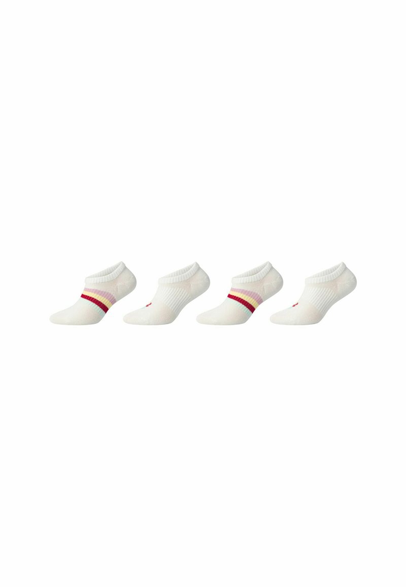 Calzini alla caviglia bianchi in cotone con righe rosa e rosse, caratterizzati da una texture a coste e polsini elastici per una vestibilità aderente. Esibiti quattro paia.