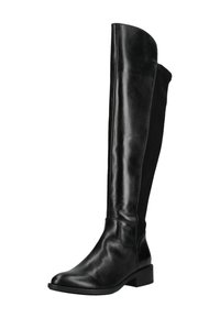 Botas de cuero negras por encima de la rodilla con punta redonda, tacón bajo y textura suave. Presentan un caña alta con parte superior curva.