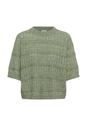 Světlý zelený pletený svetr s texturovaným vzorem a krátkými rukávy. Má horizontální žebrování a celoplošné pletené vzory.