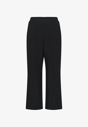 Black, stretch fabric pants with a wide-leg design, featuring an elastic waistband for comfort and no visible fasteners or pockets.