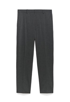 Pantaloni grigi su misura con silhouette a gamba dritta, texture liscia, passanti per cintura e tasche laterali per funzionalità.