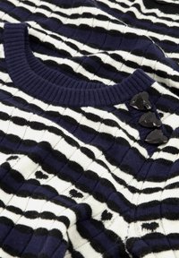 Gebreide trui met marineblauwe, witte en zwarte strepen. Heeft een geribbelde ronde halslijn en drie zwarte decoratieve knopen. Textuurstof.