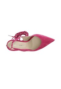 Pink suede pointed-toe shoe with an open heel, crisscross straps, and a smooth inner lining. Silver logo detail on the insole.