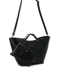 Black leather tote bag with a smooth texture, featuring a central handle, adjustable strap, and a small matching zip pouch.