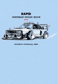 Ilustrace bílého sportovního auta s velkým předním nárazníkem, dvěma kulatými světlomety, širokými pneumatikami a zadním spoilerem. Text: "RAPID Airfield Track Star."