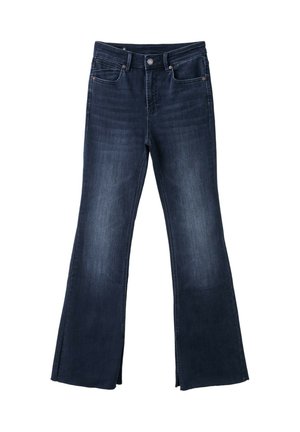Jeans évasés bleu foncé avec poches avant, fermeture par bouton et zip, et décoloration subtile sur les cuisses et les genoux.