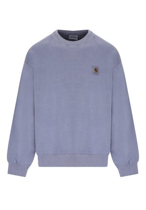 Light purple crewneck sweatshirt with long sleeves and a small square Carhartt logo patch on the left chest.