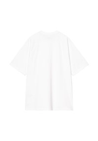 Biała, oversize'owa bawełniana koszulka z krótkimi rękawami, o zaokrąglonym dekolcie i gładkiej fakturze. Metka z tyłu przy szyi, prosty design.