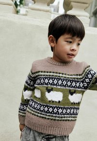 Pull tricoté avec un col ronde côtelé marron et un motif de moutons, en couleurs noire, blanche et verte, associé à un short gris.