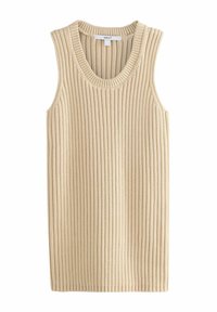 Beige, bordázott, ujjatlan felső kerek nyakkal. A textúrált kötött anyag függőleges csíkokkal rendelkezik, amely struktúrált dizájnt kölcsönöz.