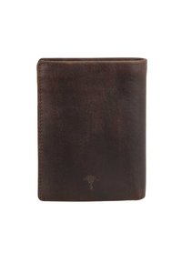 Portefeuille en cuir marron foncé avec une texture lisse, présentant un logo embossé subtil en bas. Design plié avec bords arrondis.