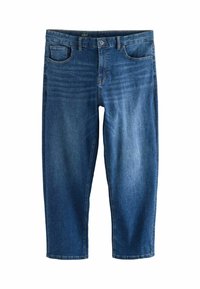 Jeans din denim cu o spălare albastră medie, având un croi drept, design cu cinci buzunare și închidere frontală cu nasture. Ușoară decolorare de-a lungul coapselor.